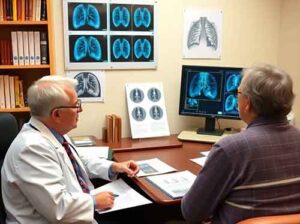 A long COVID patient meets with their doctor to review their x-rays of their lungs.