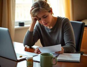 A woman sitting at her desk with her hand on her head as she struggling with symptoms of long COVID.