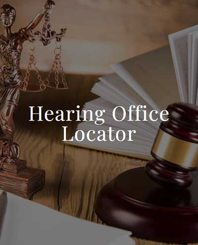 Lawyer's desk with information about hearing office locator.