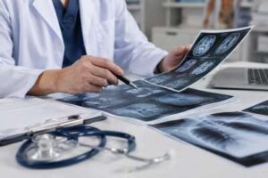 A doctor reviews images and records from a cancer patient undergoing chemo treatment at the hospital.
