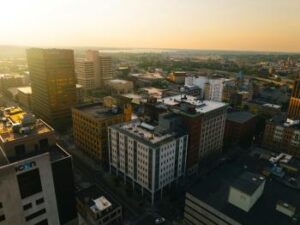 An aerial view of downtown Syracuse shows tall buildings and a disability lawyer's office with a lake in the background.