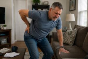A person with a scoliosis disability hunches over and grabs their back to due intense pain they are experiencing.