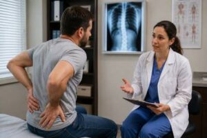 A scoliosis patient talks with their doctor about how to receive social security disability benefits.